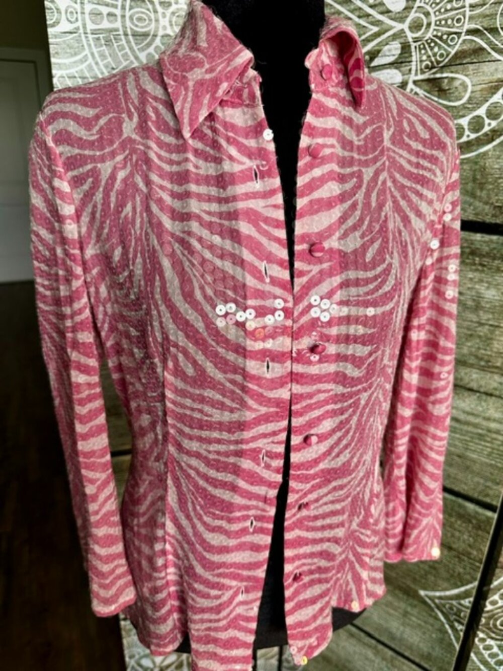 Basix II Pink Zebra Print Sequin Button Front Top